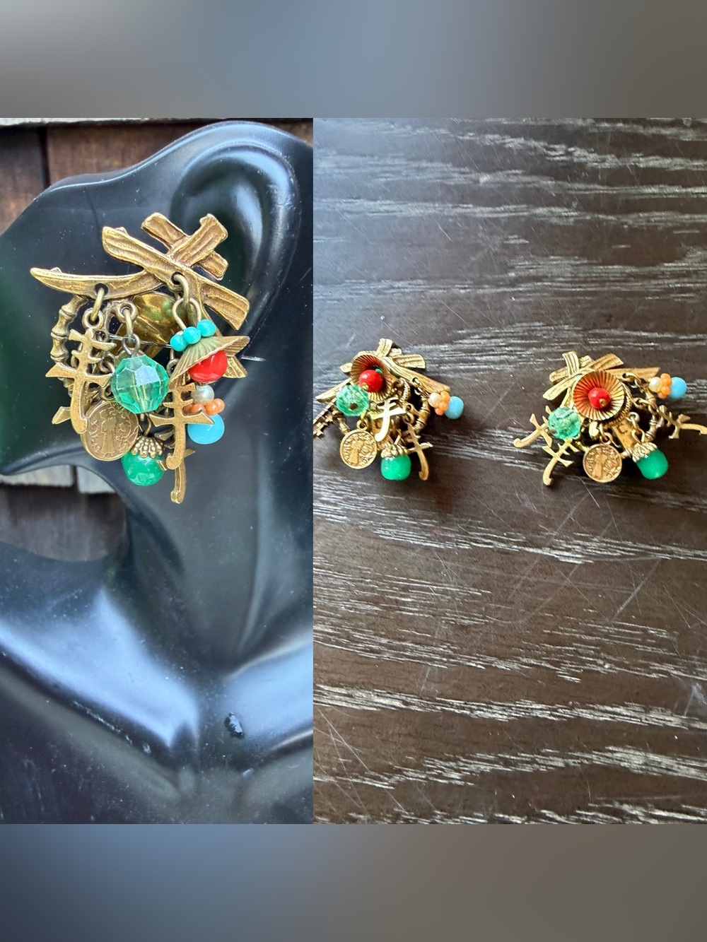 Vintage Asian style earrings cluster clip on by ART C. Size 2” x 1.5”
